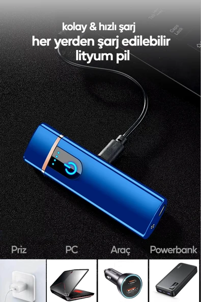 Suled Şarjlı Çakmak Usb Şarjlı Pro Serisi Mavi Kamp Çakmağı Rüzgardan Etkilenmez - 3