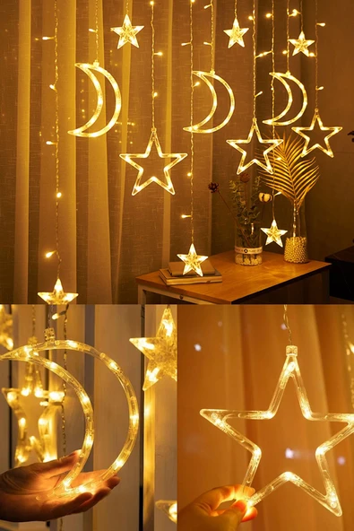Suled Sl-1037 Ay Yıldız Perde Led 8 Mod Saçaklı Perde Peri Mutfak Işık Dekoratif Lamba Led Işık - Resim 4