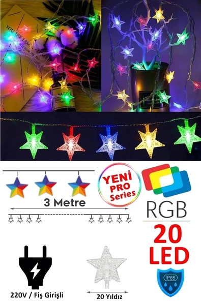 Suled Fişli Rgb Yıldız Led 3 Mt 20 Led Dekoratif Yıldızlı Yılbaşı Cam Ağacı Yılbaşı Süs Led Işık Şerit Led ürün görseli