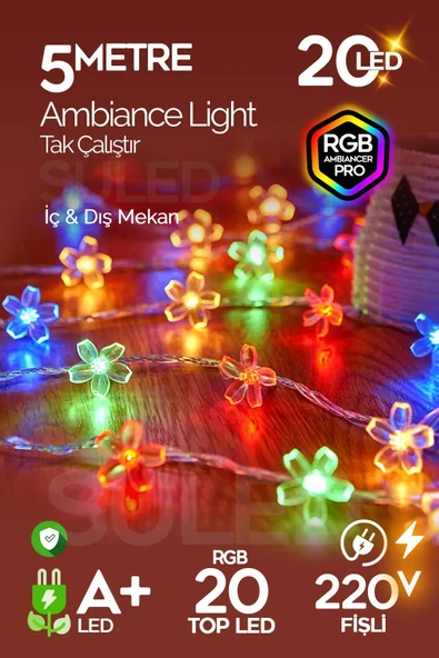 Suled Rgb 5 Metre Gül Led 20 Led 220V Fişli Tak Çalıştır Dekoratif İç Ve Dış Mekan Süsleme Işığı ürün görseli 1