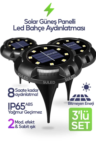 Suled Bahçe Aydınlatma Saplama Led Işık 3'Lü Set Solar Güneş Enerjili Otomatik Aydınlatmalı Lamba