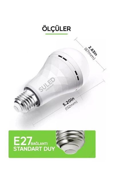 Suled Şarjlı Ampül 30W Ultra Acil Durum & Kamp Işığı 220V Beyaz E27 Duy Otomatik %80 Tasarruflu - 2