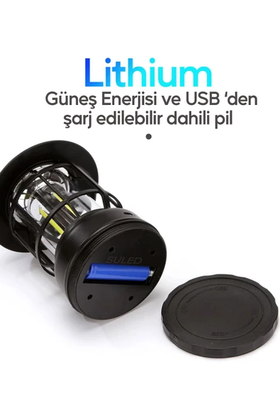 Suled Retro Kamp Lambası Fanus Fener Micro Usb Güneş Şarjlı 10W Güçlü Led Işık Power Bank Özellikli - Resim 4