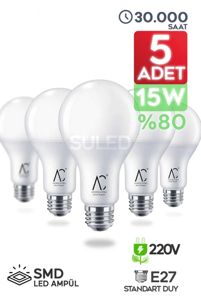 Suled Tasarruflu Led Ampül 5'Li Set 15W Güçlü Aydınlatma Smd Led Beyaz Işık 6500K E27 Standart Lamba - 1