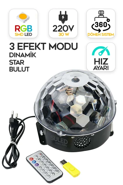 Suled Disko Topu Led Işık Bluetooth Hoparlörlü Usb Müzik Çalar Kumanda 360* Dönen Parti Eğlence Işığı 220V - Resim 3