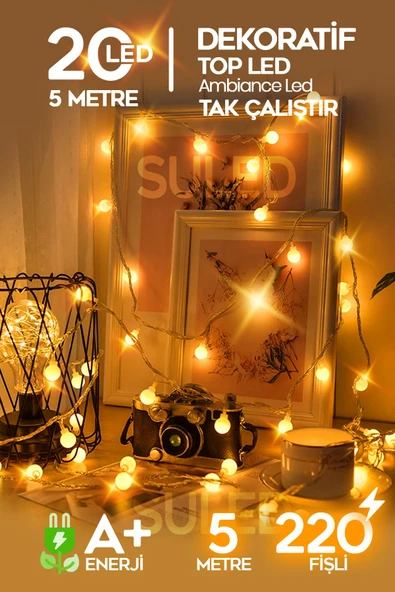 Suled Top Led Sarı Dekor Led Yılbaşı Led Işıkları 5 Mt Eklemeli Fişli Top Dize Işıklar Dekorasyon Işık - 1