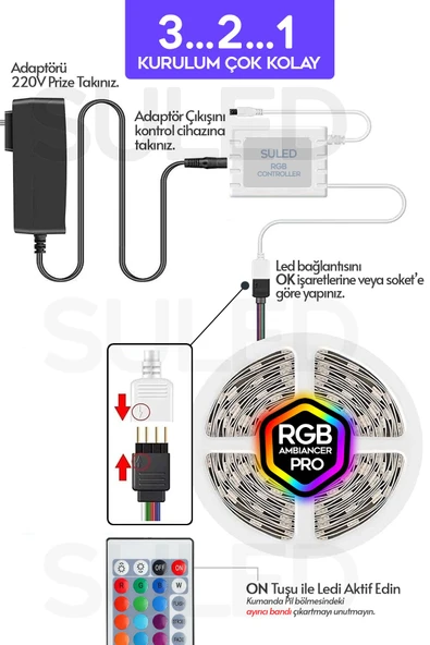 Suled 5Mt X 2'Li Set Rgb Duvar Tavan Şerit Led Işık Ambiyans & Sabit 16 Renk Kumandalı Yapışkanlı 10 Metre - 2