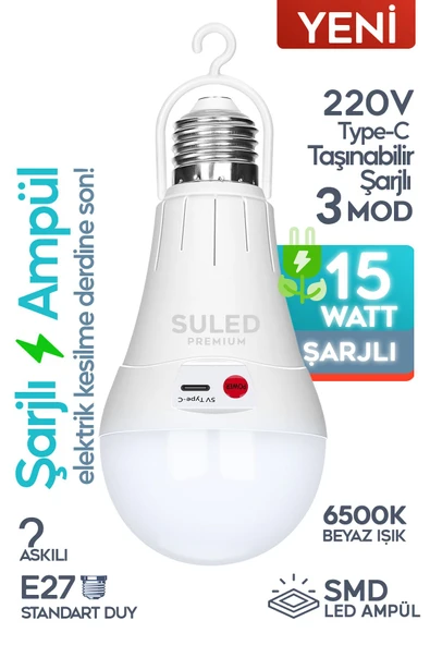Suled Şarjlı Ampül 15W Beyaz Işık Tavan Kamp Işığı Acil Durum El Feneri Type-C 220V Şarjlı Beyaz E27 Duy