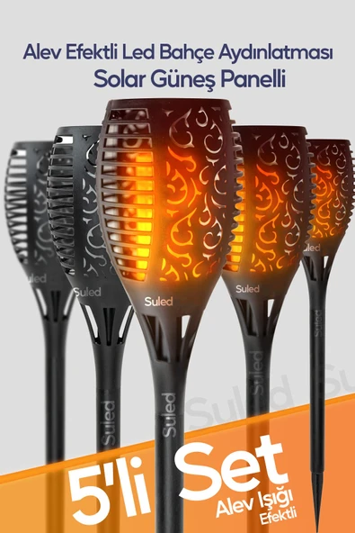 Suled Alev Efektli Bahçe Aydınlatma Lambası 5 Adet Saplamalı Led Meşale Solar Güneş Enerjili Otomatik
