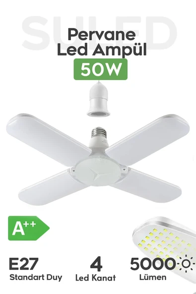 Suled Pervane 4 Kanat Led Ampül 50W 5000 Lümen Süper Güçlü E27 Lamba A Kalite Beyaz Işık