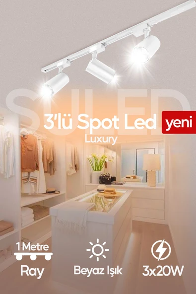 Suled Spot Işık 3'Lü Set Beyaz Led Işıklı Beyaz Kasa 30W 1 Metre Raylı 3 Adet Ray Spot Lamba Armatür - 1