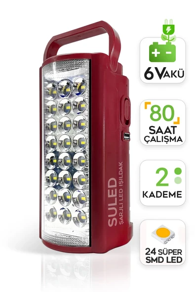Suled Kamp Lambası 6V Akülü 80 Saat - 3Gün Aydınlatma 24 Smd Led Işıldak Lamba 220V Şarj - 1