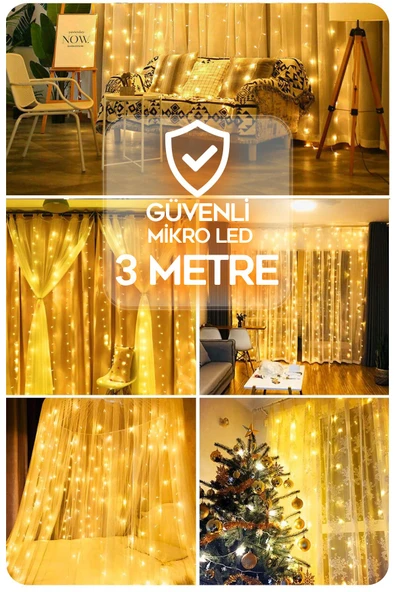 Suled Sl-1034- 300 Ledli 10 Saçaklı Sarı Led Kumandalı 8 Modlu Perde Led Peri Mutfak Işık Dekoratif Lamba - 2