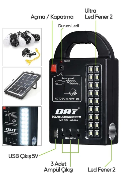 Suled Solar Aydınlatma Seti 3 Lambalı 22 Amper Lithium Bataryalı Usb Power Bank Led Işıldak Fener - 4
