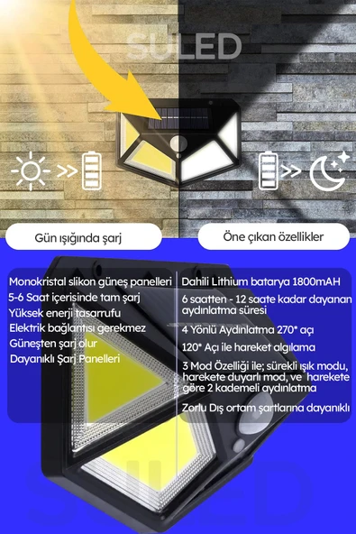 Suled Profesyonel 4 Adet Sensörlü Bahçe Aydınlatma Lambası Solar Güneş Panelli Tam Otomatik Beyaz Işık - 6