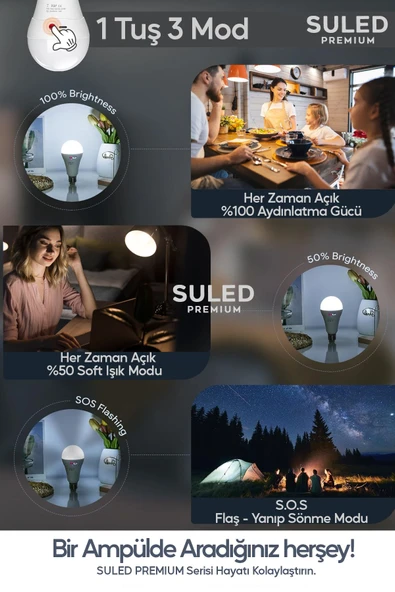 Suled Şarjlı Ampül 20W Beyaz Işık Tavan Kamp Işığı Acil Durum El Feneri Type-C 220V Şarjlı Beyaz E27 Duy - 2