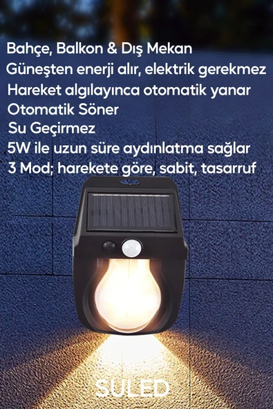Suled Hareket Sensörlü Bahçe Aydınlatması 5W Lityum Pilli Led Işık Solar Şarjlı Otomatik Dış Mekan Lamba - 3