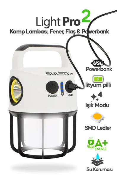 Suled Light Pro2 Işıldak Profesyonel Kamp Lambası Ve Fener Şarjlı Usb Powerbank Özellikli
