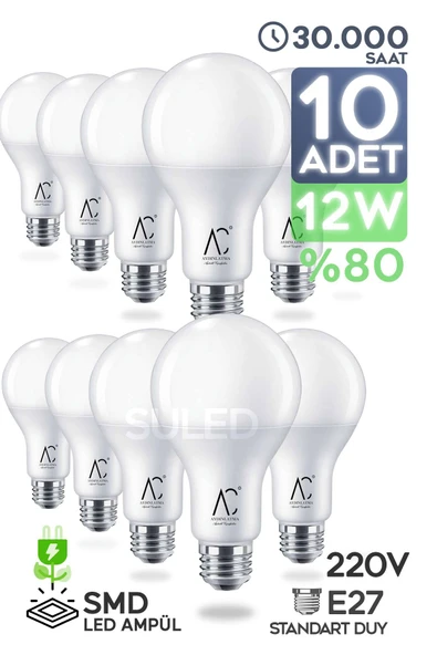 Suled 12W Led Ampül 10'Lu Paket E27 Beyaz Işık Güçlü Aydınlatma Smd Led 6500K Tasarruflu Lamba