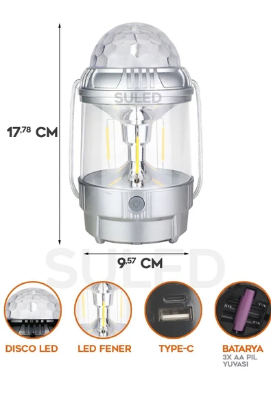 Suled Kamp & Disco 3 Modlu Parti Işığı 20W Usb Şarjlı Type-C Çıkışlı El Feneri Çok Fonksiyonlu Led Lamba - 2