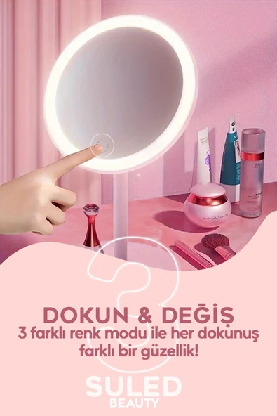 Suled Makyaj Aynası 3 Modlu Led Işıklı Usb Şarjlı Yuvarlak Taşınabilir Açı Ayarlı Güzellik Aynası - 3