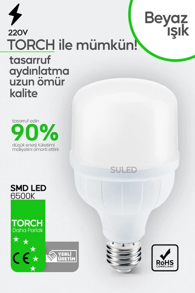 Suled 20W Torch Büyük Boy Mega Led Ampül 3 Adet Ultra Parkal Tasarruflu 6500K Beyaz Işık Büyük Ampül E27 - 2