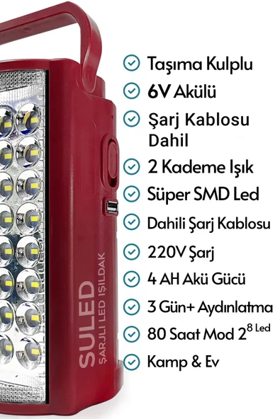 Suled Kamp Lambası 6V Akülü 80 Saat - 3Gün Aydınlatma 24 Smd Led Işıldak Lamba 220V Şarj - 2