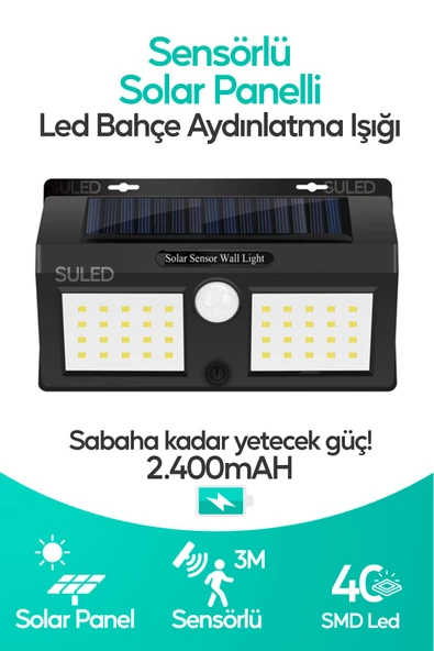 Suled Sensörlü Bahçe Aydınlatma Lambası Solar Güneş Panelli Tam Otomatik Modlu Dış Mekan Aydınlatma