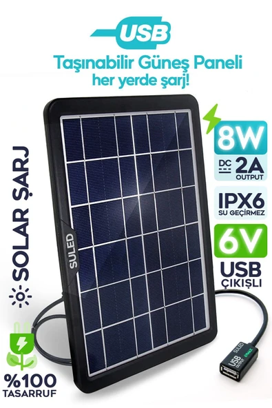 Suled 8W Güneş Enerjili Solar Usb Şarj Paneli 6V Usb Çıkışlı 2A Telefon Tablet Ve Usb Ürün Şarj Ünitesi