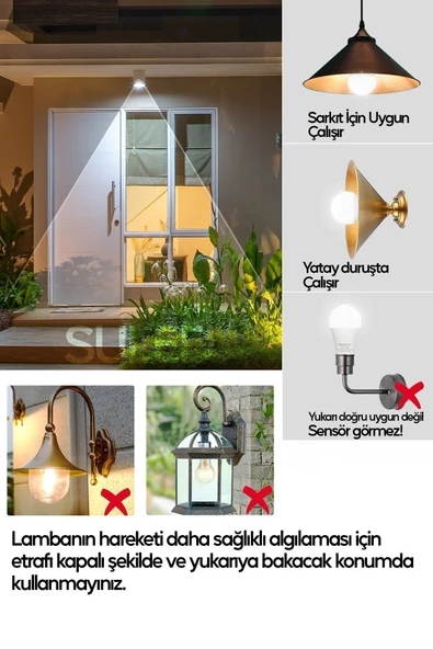 Suled Hareket Sensörlü Led Lamba 5 Adet Ampül Beyaz Işık 12W %80 Tasarruflu Otomatik Yanıp Söner - 3