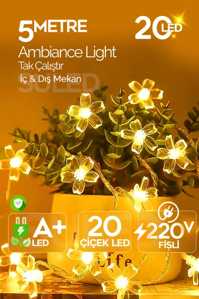 Suled Dekoratif Çiçekler 5Mt Led Işık Sarı İç Ve Dış Mekan 220V 20 Çiçek Led Parti Süsleme Dekor - 7