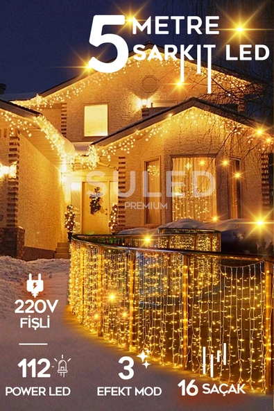 Suled Sarkıt Led Işık 5 Metre Premium Efekt Modlu 112 Led 16 Saçak İç & Dış Süsleme 220V Fişli