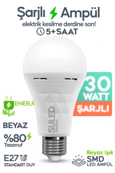Suled Şarjlı Ampül 30W Ultra Acil Durum & Kamp Işığı 220V Beyaz E27 Duy Otomatik %80 Tasarruflu