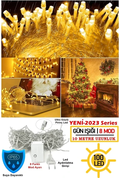 Suled 100Led Fişli Pirinç Led 10 Mt Sarı 8 Modlu Şerit Led Dekor Lambası Animasyonlu Yılbaşı Ağacı Işığı - 1