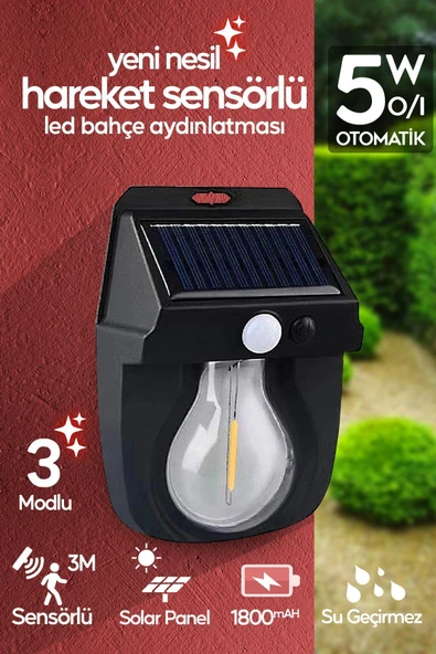 Suled Hareket Sensörlü Bahçe Aydınlatması 5W Lityum Pilli Led Işık Solar Şarjlı Otomatik Dış Mekan Lamba