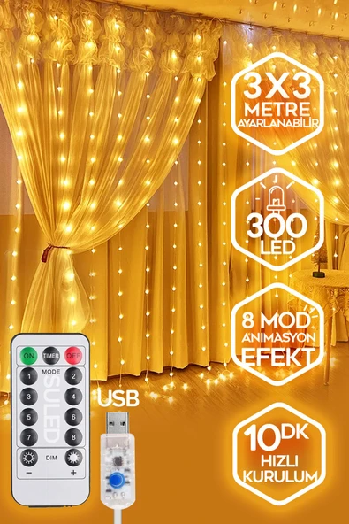 Suled Sl-1034- 300 Ledli 10 Saçaklı Sarı Led Kumandalı 8 Modlu Perde Led Peri Mutfak Işık Dekoratif Lamba