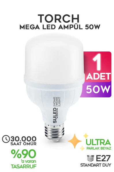 Suled 50W Torch Ultra Güçlü Led Ampül 1 Adet Tasarruflu Ultra Parlak 6500K Beyaz Işık Büyük Ampül E27