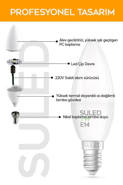 Suled Grafen E14 Duy Gün Işığı 3 Adet Mum Buji Ampul Avize Abajur Lambası Ince Duylu Lamba 5'Li Set - 6