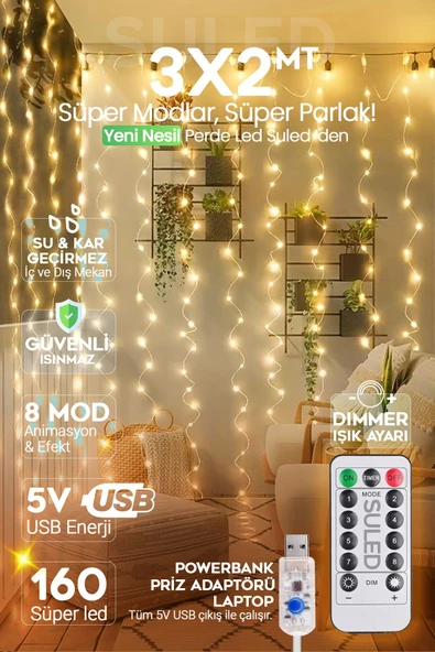 Suled Süsleme Işığı Kumandalı Perde Led 3X2Mt Usb Enerjili 160 Led 8 Modlu Ayarlanabilir İç Ve Dış Mekan - 1