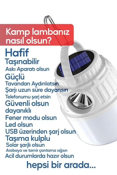 Suled Kamp Lambası Solar Şarjlı El Feneri Usb Type-C Şarj Çıkışlı Power Bank Özellikli Lithium 30W Askılı - 3