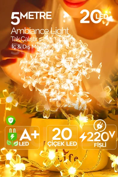 Suled Dekoratif Çiçekler 5Mt Led Işık Sarı İç Ve Dış Mekan 220V 20 Çiçek Led Parti Süsleme Dekor