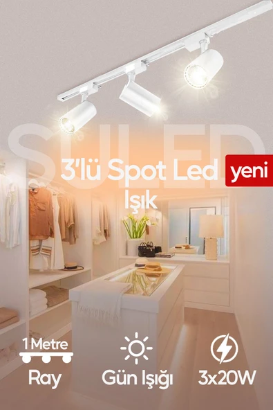 Suled Spot Işık 3'Lü Set Led Gün Işığı Beyaz Kasa 20W 1 Metre Raylı 3 Adet Ray Spot Lamba Armatür - 4