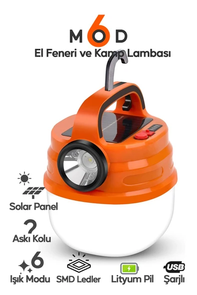 Suled 6 Modlu El Feneri Ve Kamp Lambası Usb & Solar Şarjlı Smd Led Askılı Taşınabilir Işık