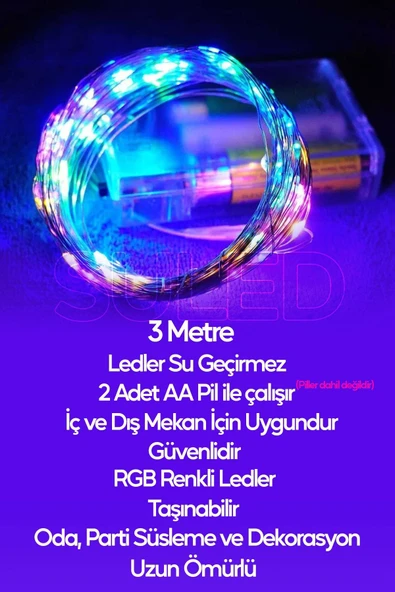 Suled 3 Metre Pilli Rgb Peri Led Ince Tel Dekoratif Lambası Renkli Dekor Perde Ledli Bahçe Oda Kafe Duvar - 3
