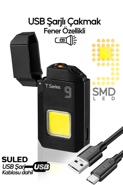 Suled Şarjlı Çakmak T9 Led Fener Özellikli Usb Şarjlı Kamp Çakmağı Cob Led Ce Rüzgardan Etkilenmez