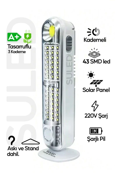 Suled Acil Durum Led & Kamp Lambası Güneş Şarjlı Işıldak 2 Kademeli Aydınlatma Tamir Ev Kamp El Feneri