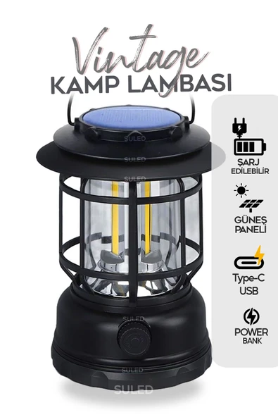 Suled Fanus Fener Vintage Kamp El Feneri Usb Type-C Güneş Şarjlı 10W Güçlü Led Işık Power Bank Özellikli