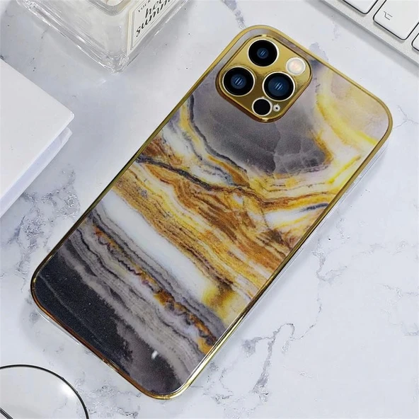 İphone 13 Pro Max Marble Parlak Mermer Desenli Cam Telefon Kılıfı - Resim 4