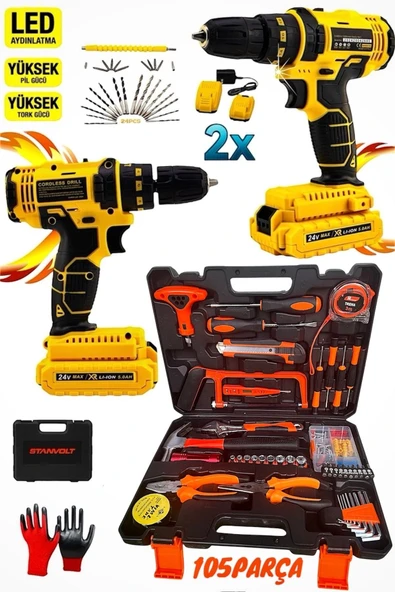 Şarjlı Darbeli Matkap + 105 Parça Özel Alışım Çelik Profesyonel Alet Takım Set ürün görseli