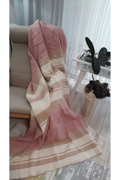 asildükkan 4 Mevsim Pamuklu Batttaniye Çift Kişilik 180*220cm Balkon Tv Battaniyesi Pembe Çizgili - 2
